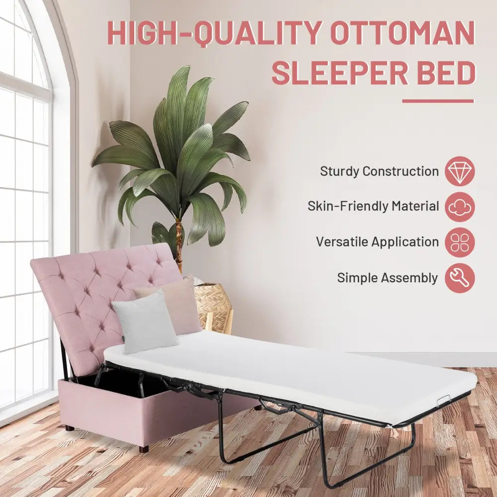 Folding Ottoman Sleeper Bed with Mattress for Guest Bed and Office Nap-Pink - Pink - Folding Beds