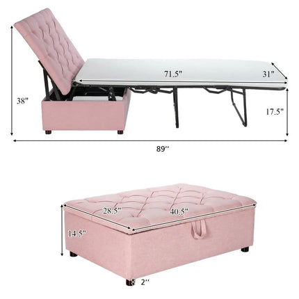 Folding Ottoman Sleeper Bed with Mattress for Guest Bed and Office Nap-Pink - Pink - Folding Beds