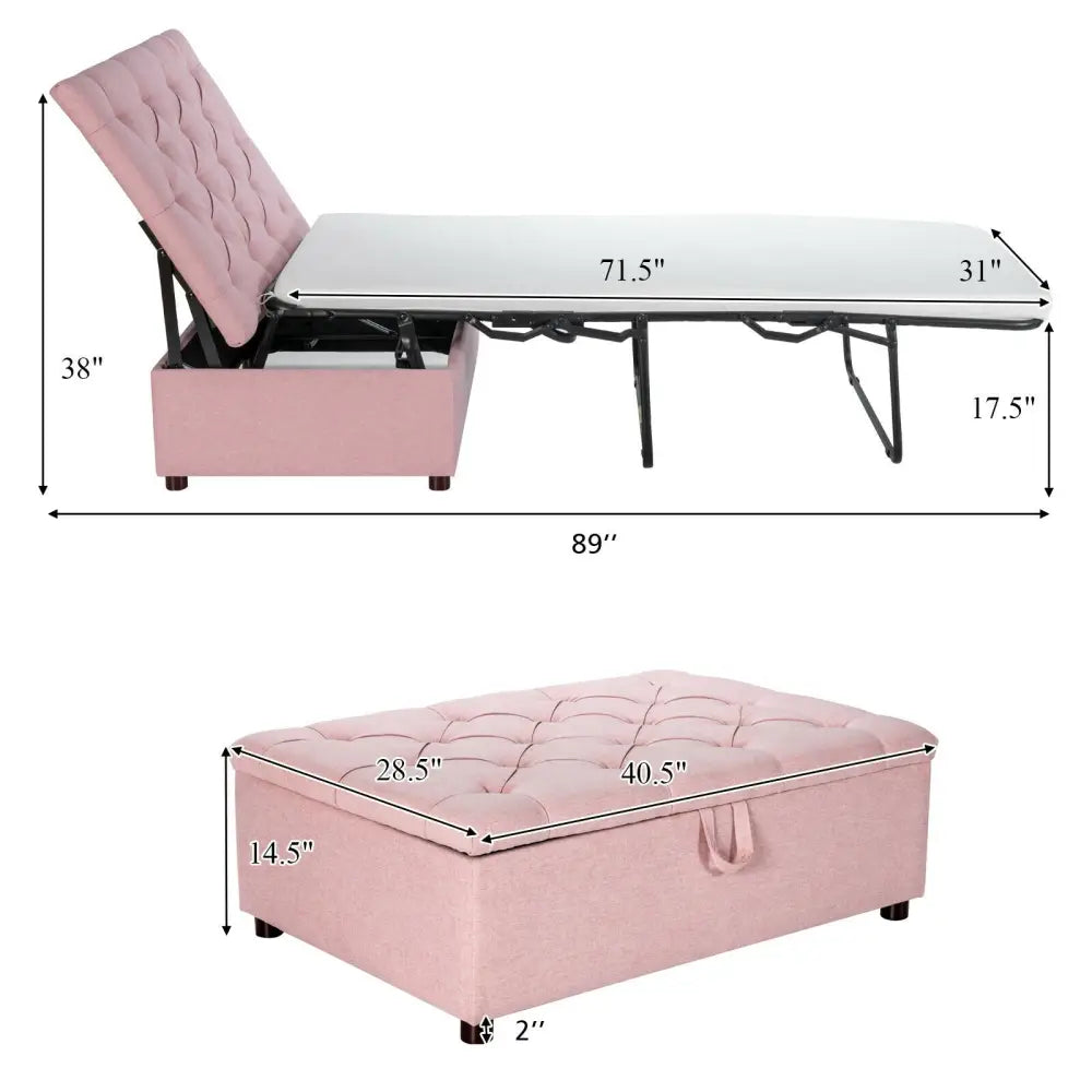 Folding Ottoman Sleeper Bed with Mattress for Guest Bed and Office Nap-Pink - Pink - Folding Beds