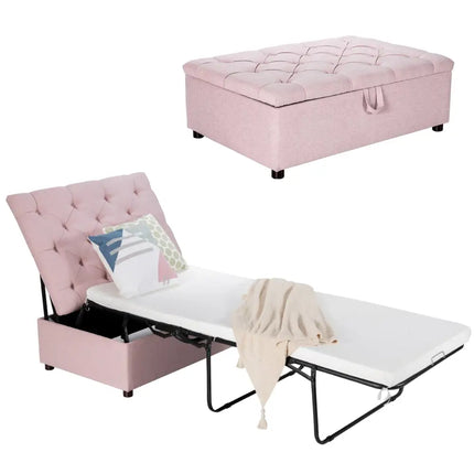 Folding Ottoman Sleeper Bed with Mattress for Guest Bed and Office Nap-Pink - Pink - Folding Beds