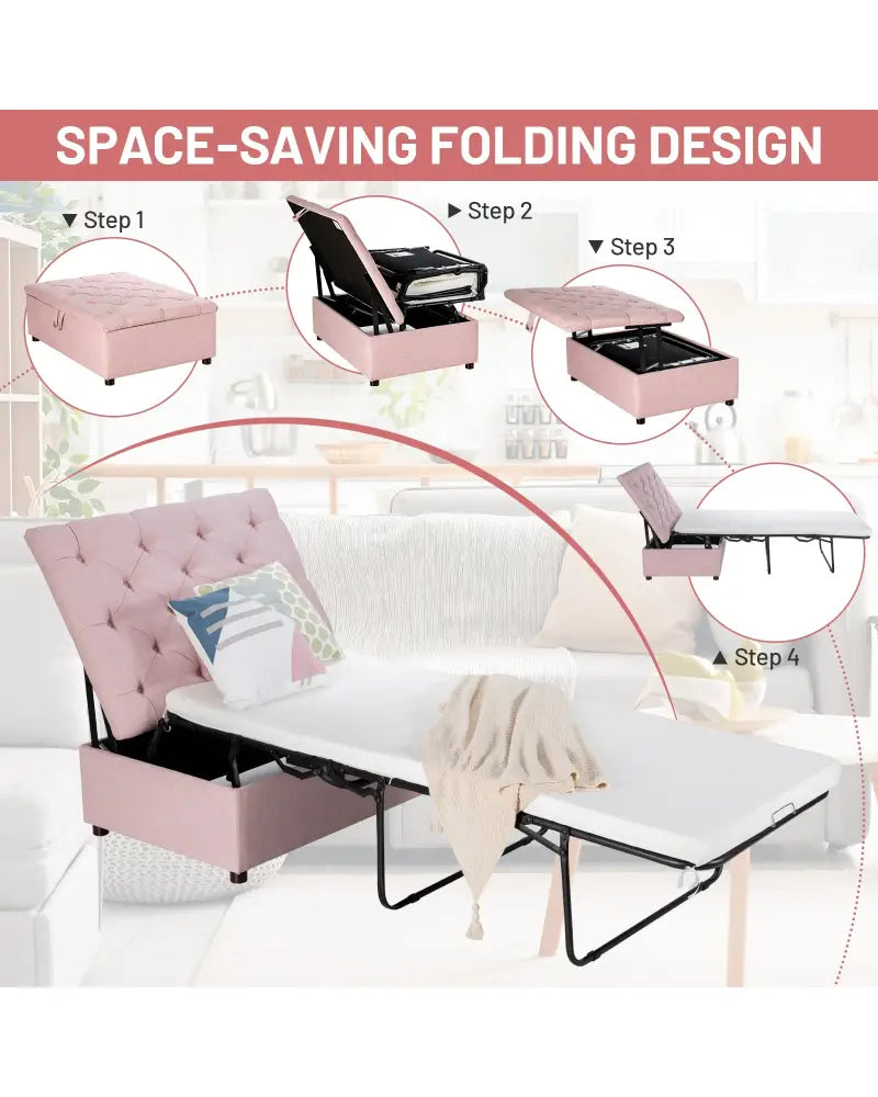 Folding Ottoman Sleeper Bed with Mattress for Guest Bed and Office Nap-Pink - Pink - Folding Beds