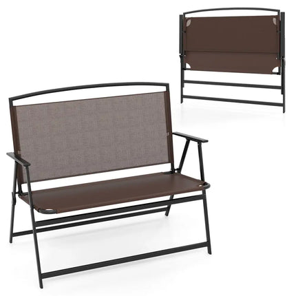 Folding Outdoor Garden Bench 2-Person Patio Bench with Backrest and Armrests-Brown - Brown - Outdoor Benches