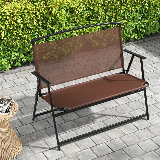 Folding Outdoor Garden Bench 2-Person Patio Bench with Backrest and Armrests-Brown - Brown - Outdoor Benches