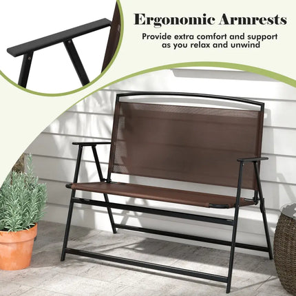 Folding Outdoor Garden Bench 2-Person Patio Bench with Backrest and Armrests-Brown - Brown - Outdoor Benches
