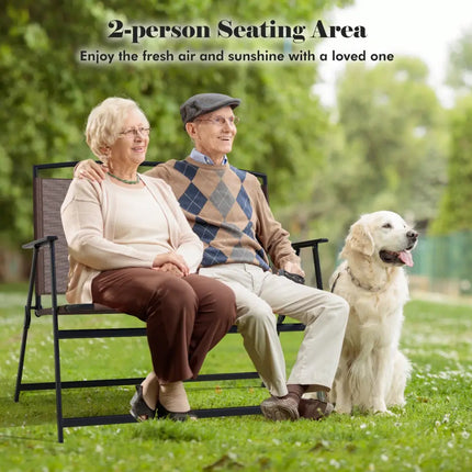 Folding Outdoor Garden Bench 2-Person Patio Bench with Backrest and Armrests-Brown - Brown - Outdoor Benches
