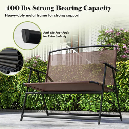 Folding Outdoor Garden Bench 2-Person Patio Bench with Backrest and Armrests-Brown - Brown - Outdoor Benches