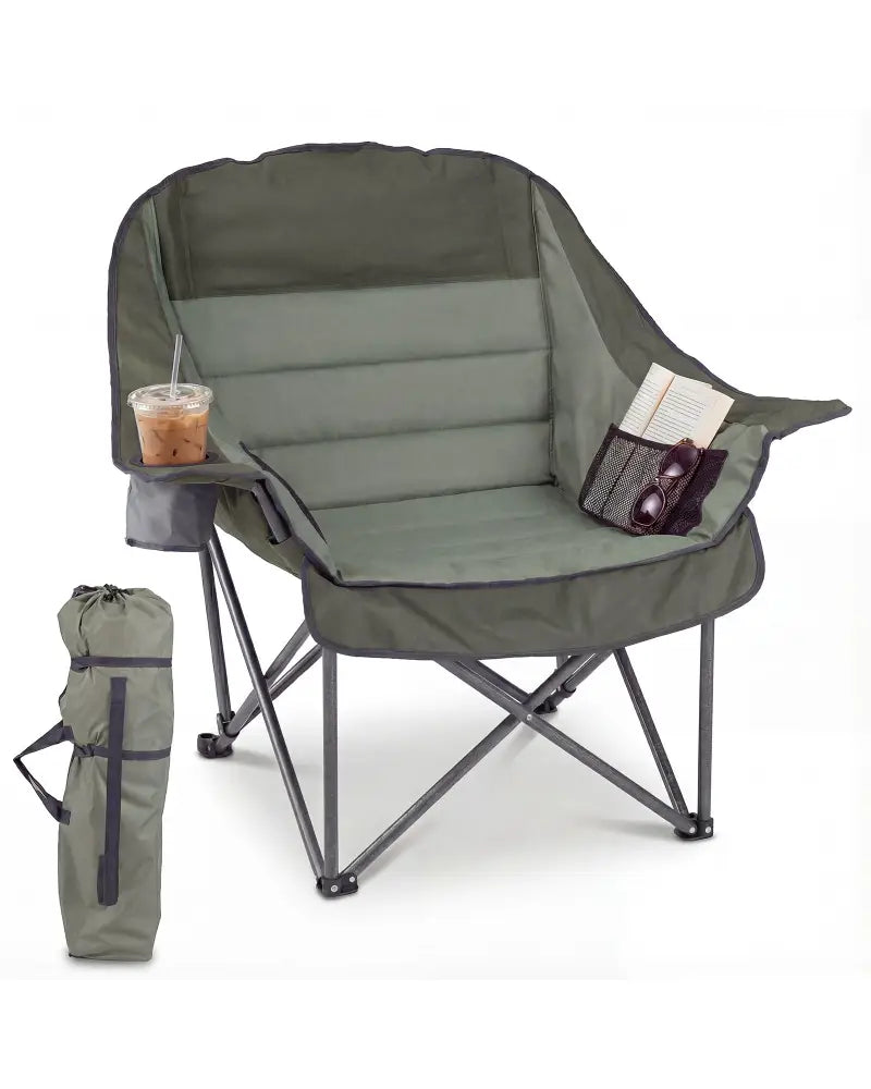 Folding Oversized Camping Chair with Side Pockets and Cup Holder-Green - Green - Camping Furniture