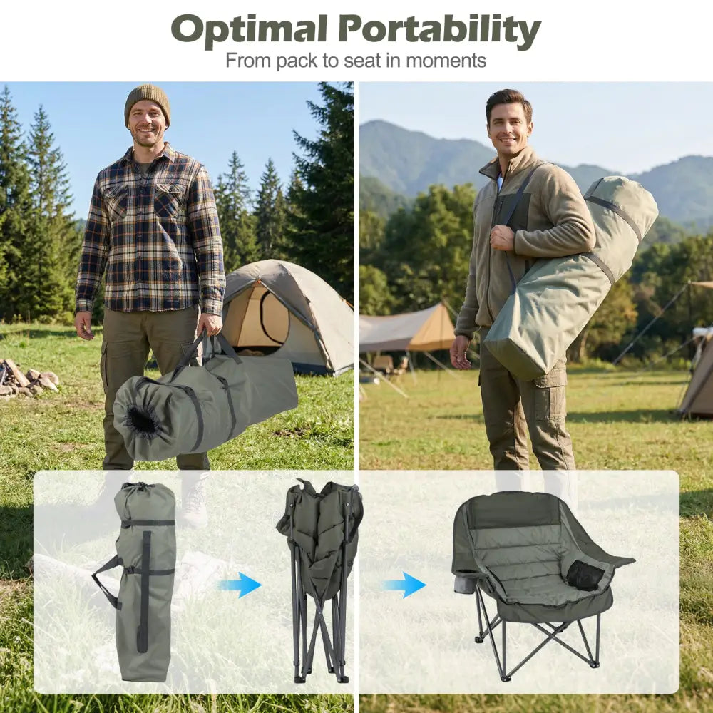 Folding Oversized Camping Chair with Side Pockets and Cup Holder-Green - Green - Camping Furniture