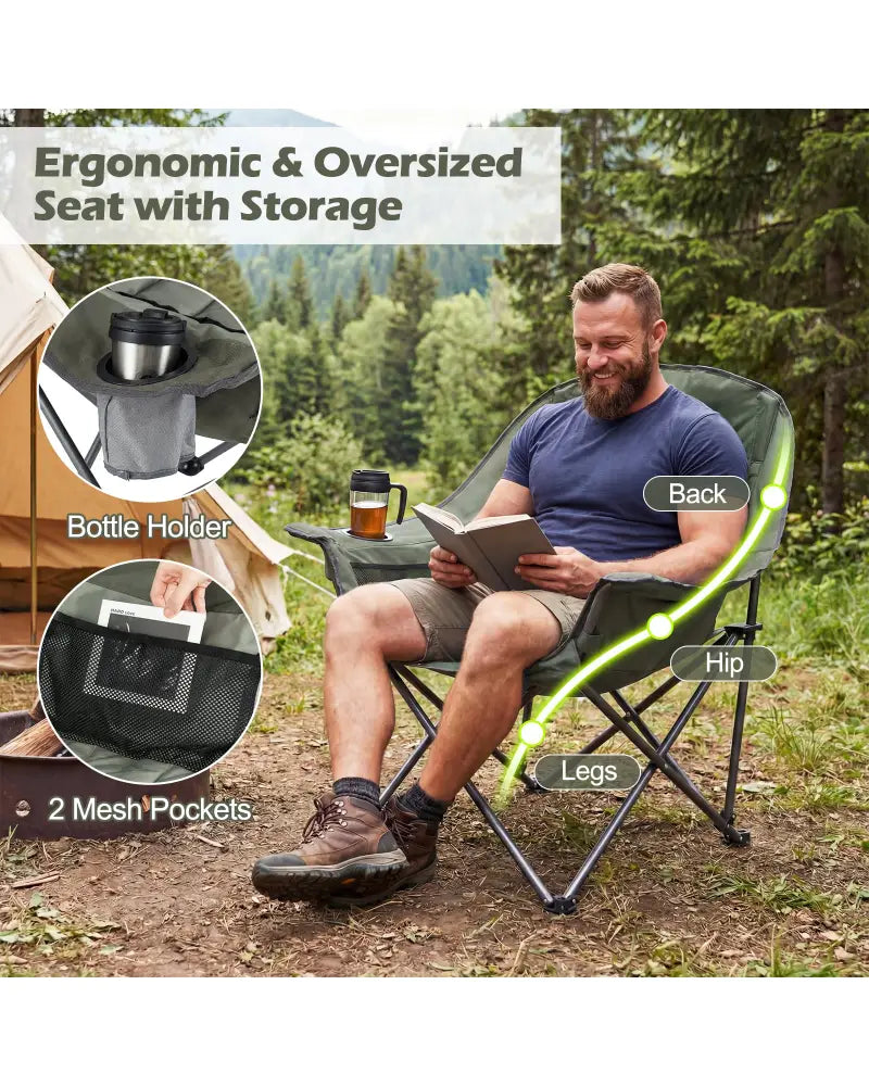 Folding Oversized Camping Chair with Side Pockets and Cup Holder-Green - Green - Camping Furniture
