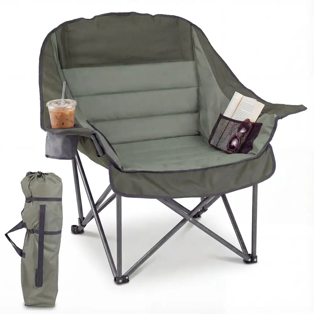 Folding Oversized Camping Chair with Side Pockets and Cup Holder-Green - Green - Camping Furniture