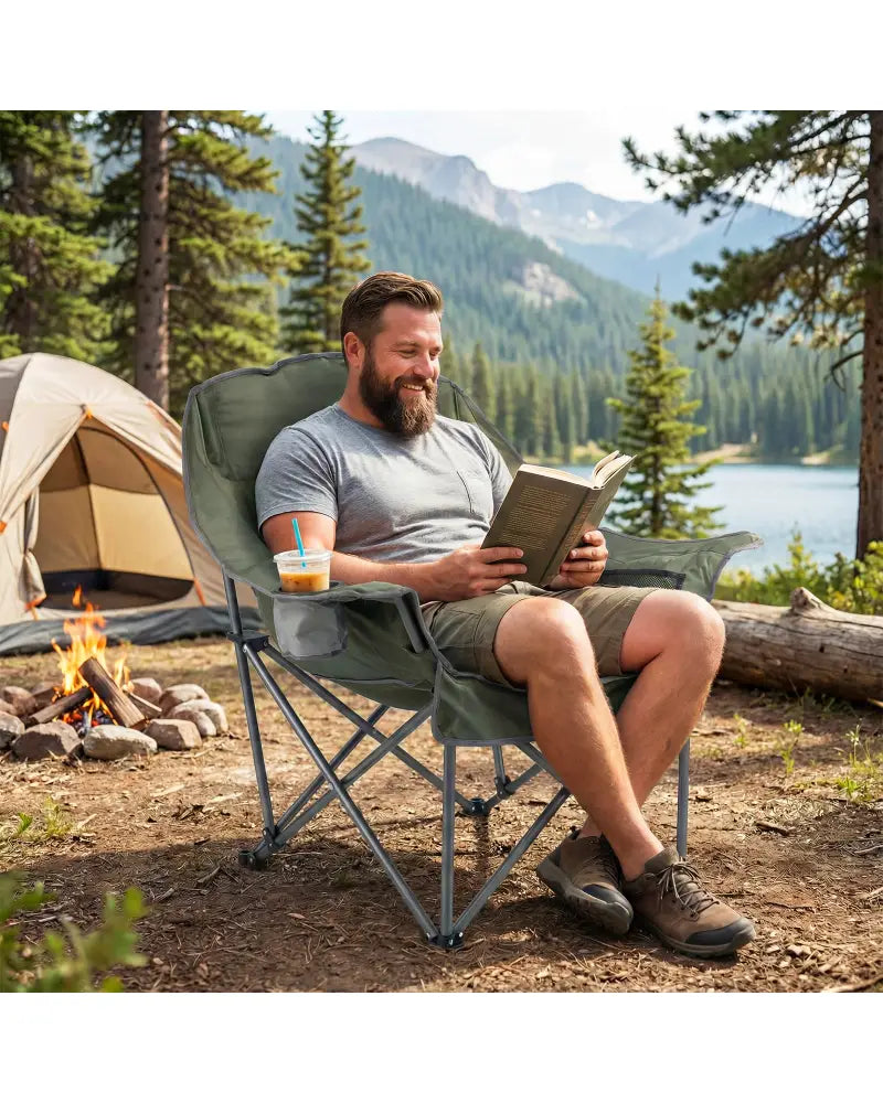 Folding Oversized Camping Chair with Side Pockets and Cup Holder-Green - Green - Camping Furniture