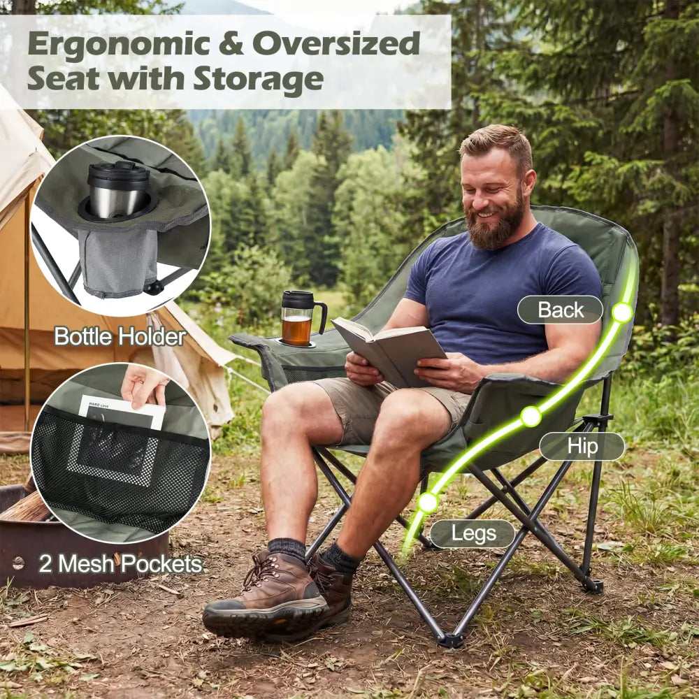 Folding Oversized Camping Chair with Side Pockets and Cup Holder-Green - Green - Camping Furniture