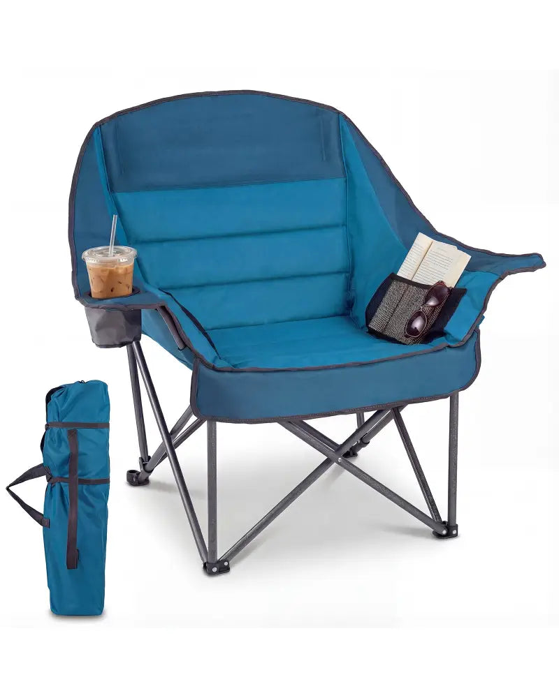 Folding Oversized Camping Chair with Side Pockets and Cup Holder-Blue - Blue - Camping Furniture
