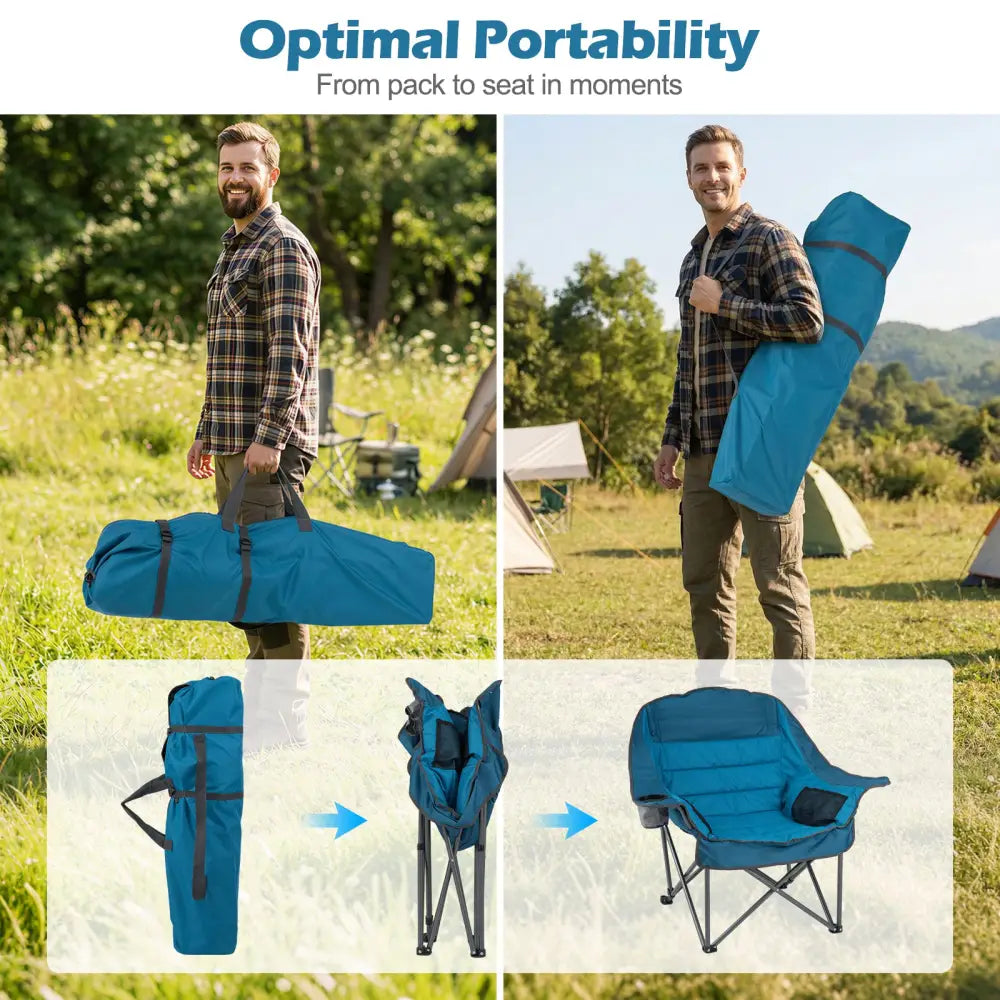 Folding Oversized Camping Chair with Side Pockets and Cup Holder-Blue - Blue - Camping Furniture