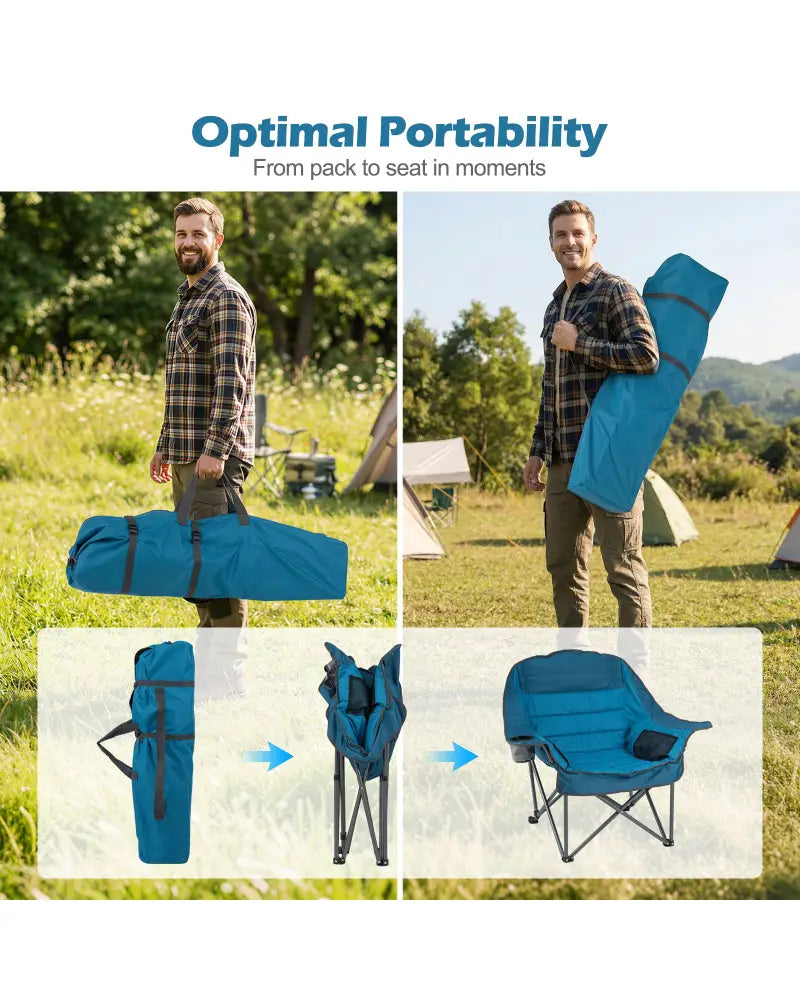 Folding Oversized Camping Chair with Side Pockets and Cup Holder-Blue - Blue - Camping Furniture