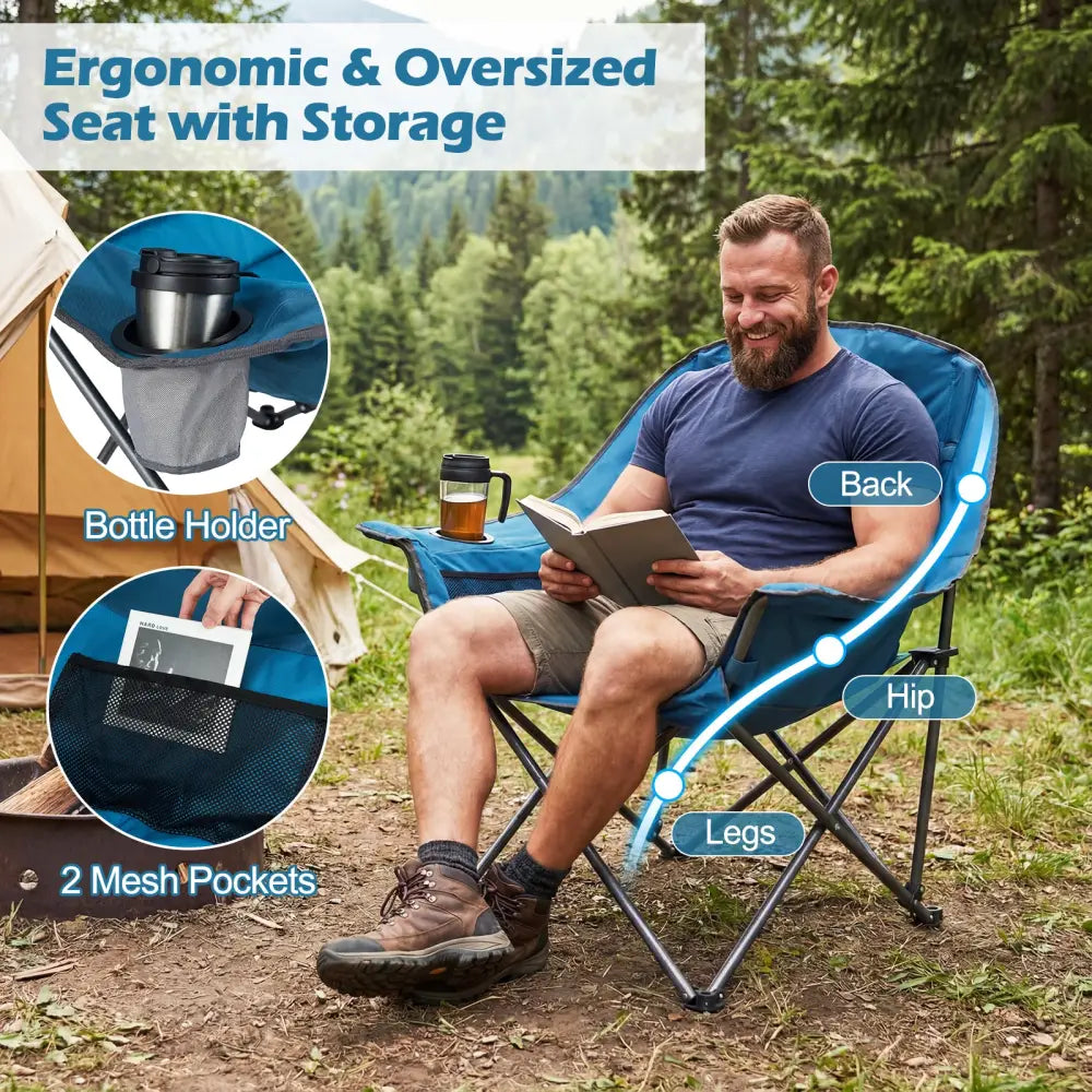 Folding Oversized Camping Chair with Side Pockets and Cup Holder-Blue - Blue - Camping Furniture