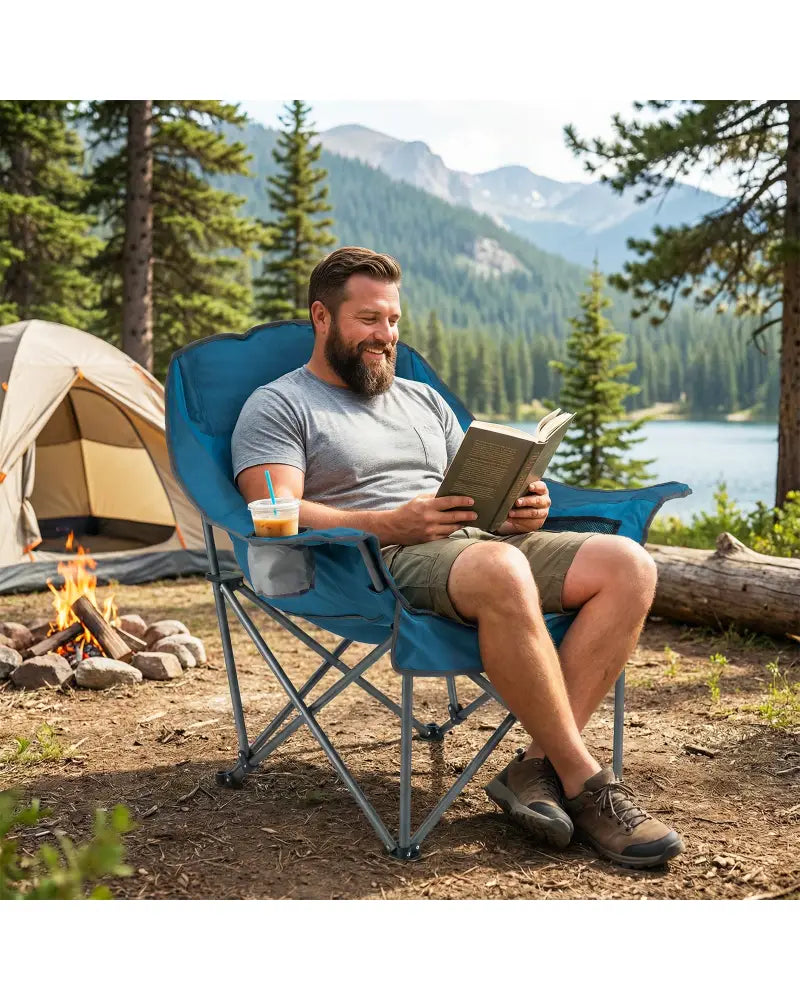 Folding Oversized Camping Chair with Side Pockets and Cup Holder-Blue - Blue - Camping Furniture