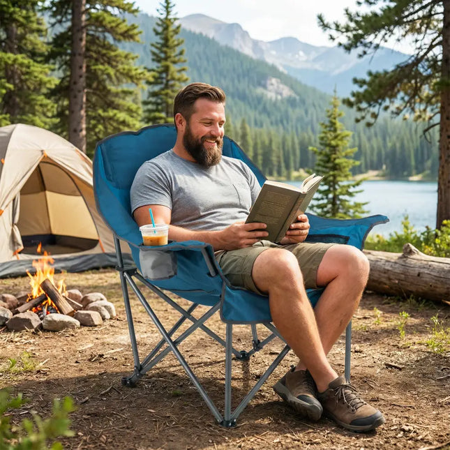 Folding Oversized Camping Chair with Side Pockets and Cup Holder-Blue - Blue - Camping Furniture