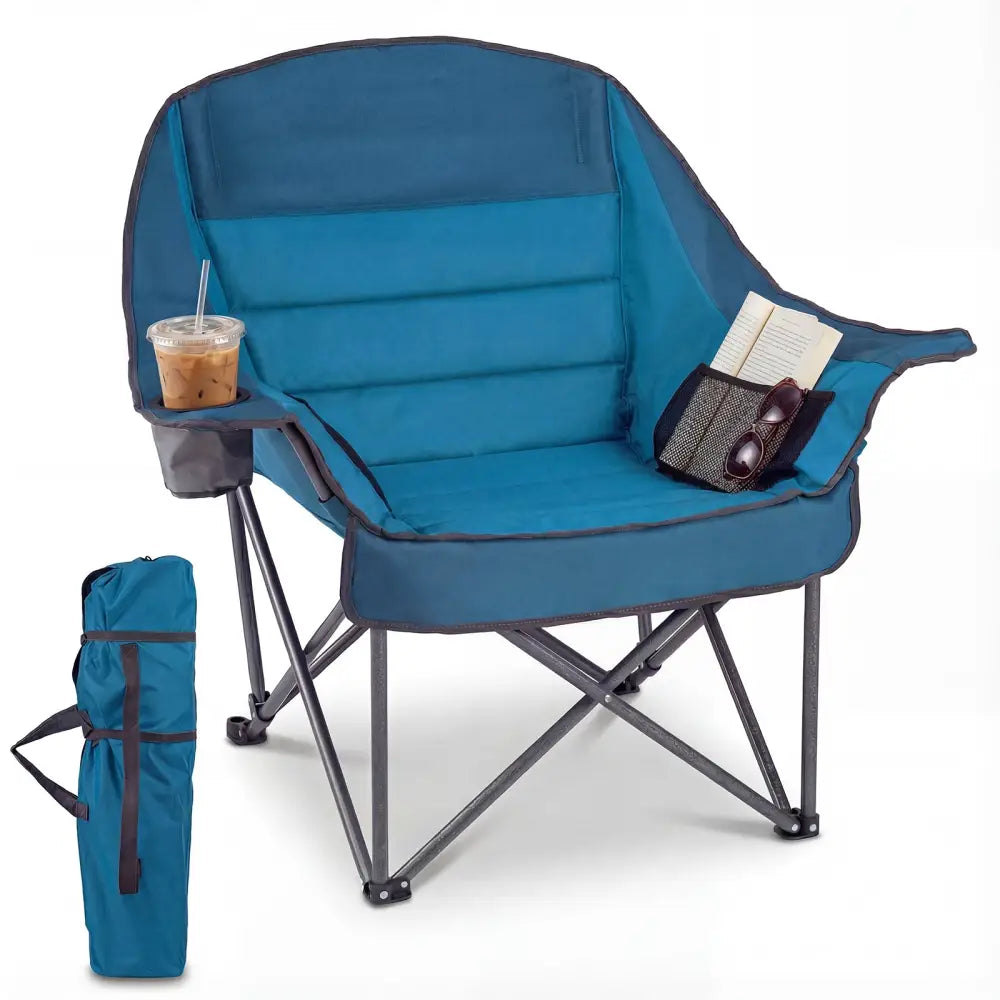 Folding Oversized Camping Chair with Side Pockets and Cup Holder-Blue - Blue - Camping Furniture