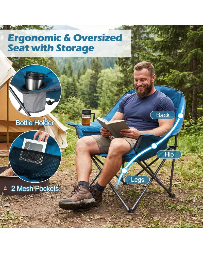 Folding Oversized Camping Chair with Side Pockets and Cup Holder-Blue - Blue - Camping Furniture