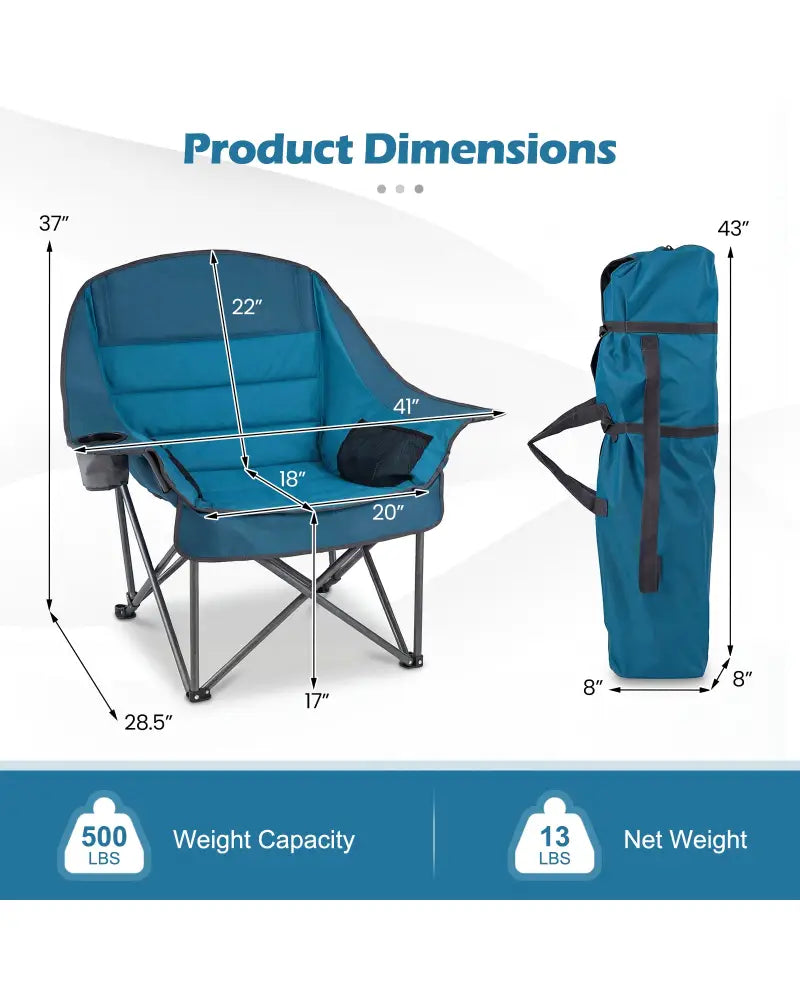 Folding Oversized Camping Chair with Side Pockets and Cup Holder-Blue - Blue - Camping Furniture