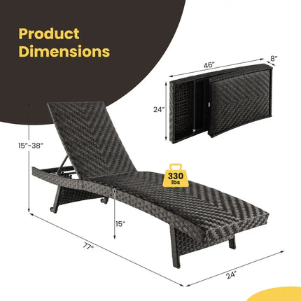 Folding Padded Rattan Patio Chaise Lounge with Adjustable Backrest and Quick Dry Foam All Weather - Brown - Outdoor