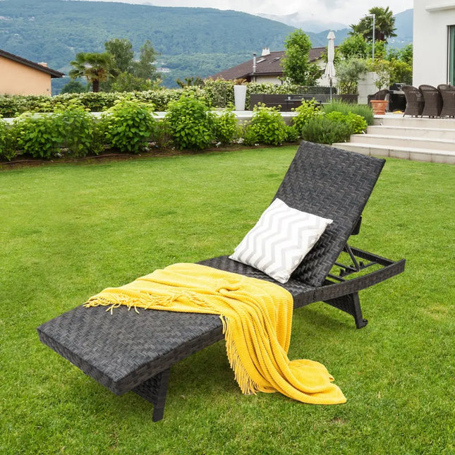 Folding Padded Rattan Patio Chaise Lounge with Adjustable Backrest and Quick Dry Foam All Weather - Brown - Outdoor