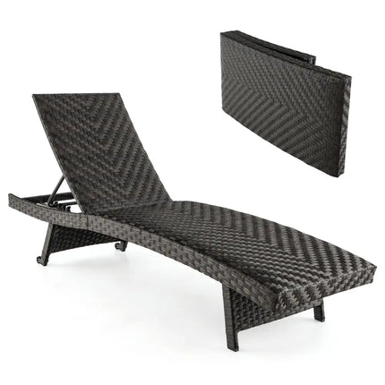 Folding Padded Rattan Patio Chaise Lounge with Adjustable Backrest and Quick Dry Foam All Weather - Brown - Outdoor