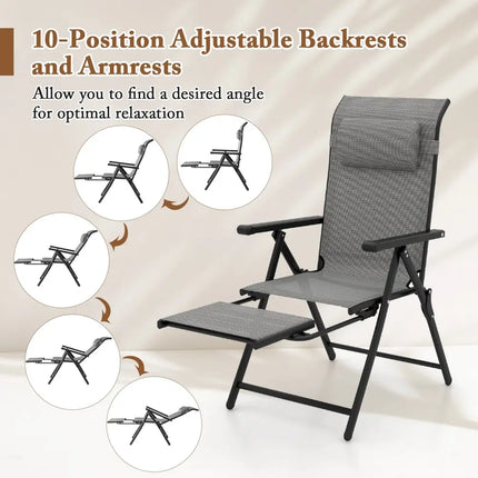 Folding Patio Chairs Set of 2 with 10-Level Adjustable Backrests and Armrests-Grey - Gray - Outdoor Chaise Lounges