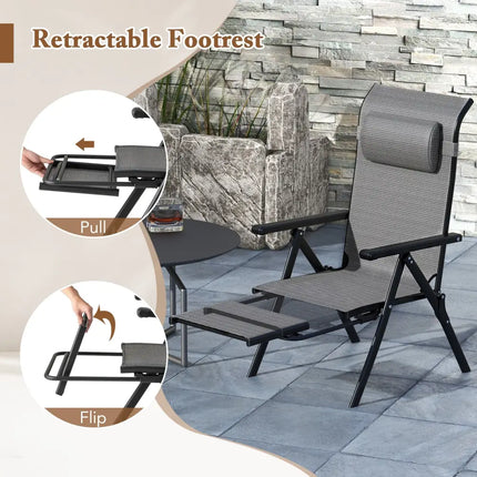 Folding Patio Chairs Set of 2 with 10-Level Adjustable Backrests and Armrests-Grey - Gray - Outdoor Chaise Lounges