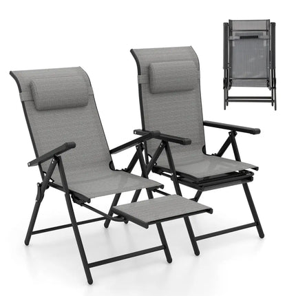Folding Patio Chairs Set of 2 with 10-Level Adjustable Backrests and Armrests-Grey - Gray - Outdoor Chaise Lounges
