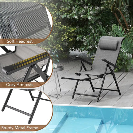 Folding Patio Chairs Set of 2 with 10-Level Adjustable Backrests and Armrests-Grey - Gray - Outdoor Chaise Lounges