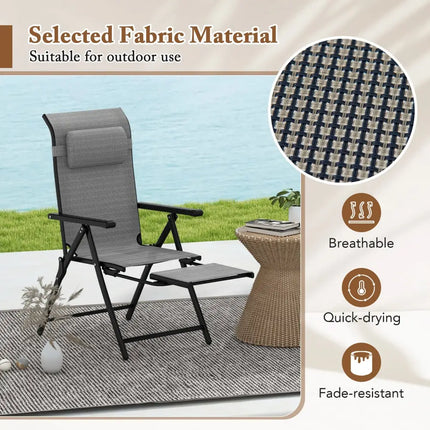 Folding Patio Chairs Set of 2 with 10-Level Adjustable Backrests and Armrests-Grey - Gray - Outdoor Chaise Lounges