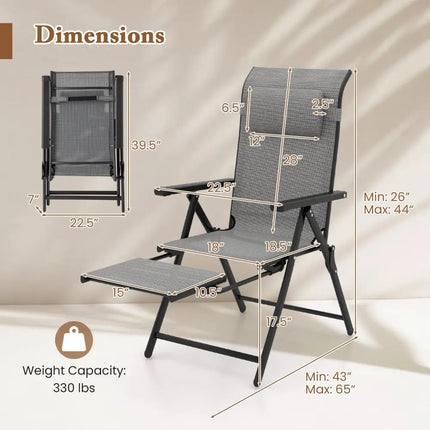 Folding Patio Chairs Set of 2 with 10-Level Adjustable Backrests and Armrests-Grey - Gray - Outdoor Chaise Lounges