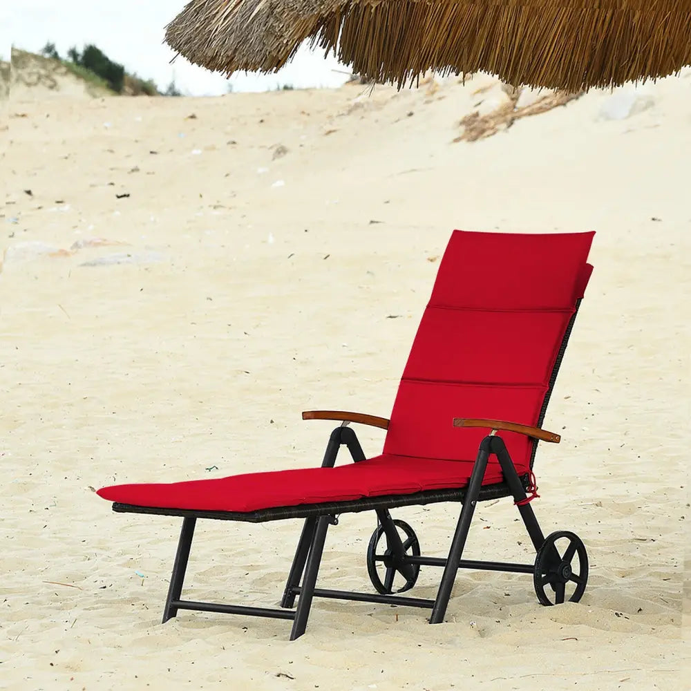 Folding Patio Rattan Lounge Chair with Wheels-Red - Red - Outdoor Chaise Lounges