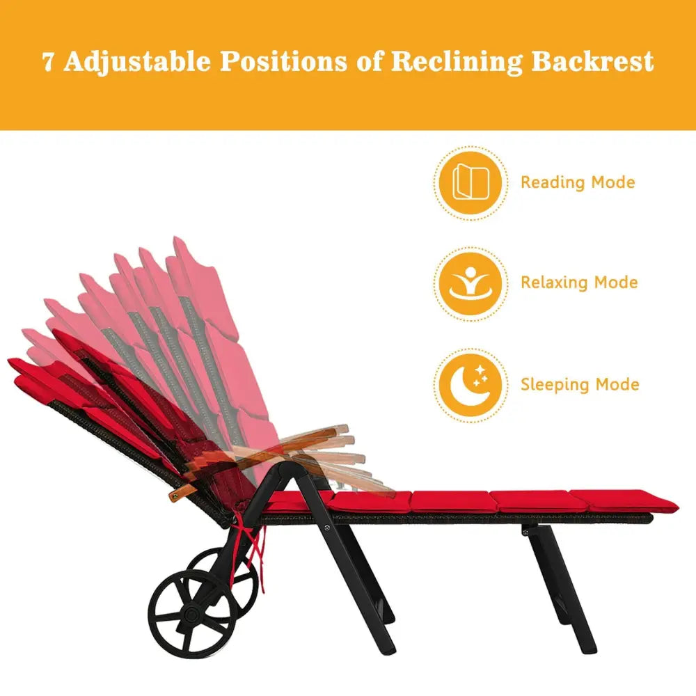 Folding Patio Rattan Lounge Chair with Wheels-Red - Red - Outdoor Chaise Lounges