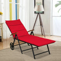 Folding Patio Rattan Lounge Chair with Wheels-Red - Red - Outdoor Chaise Lounges