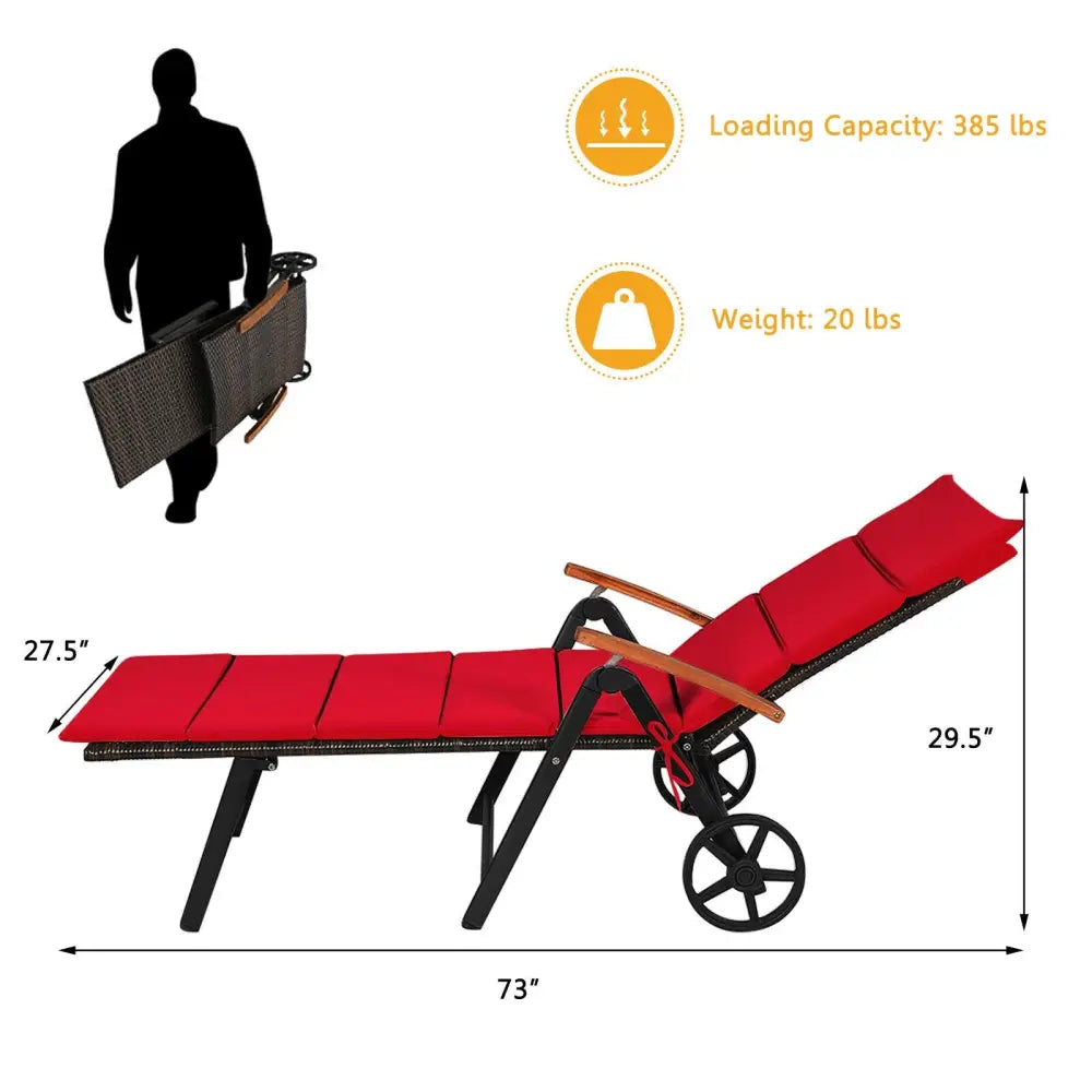 Folding Patio Rattan Lounge Chair with Wheels-Red - Red - Outdoor Chaise Lounges