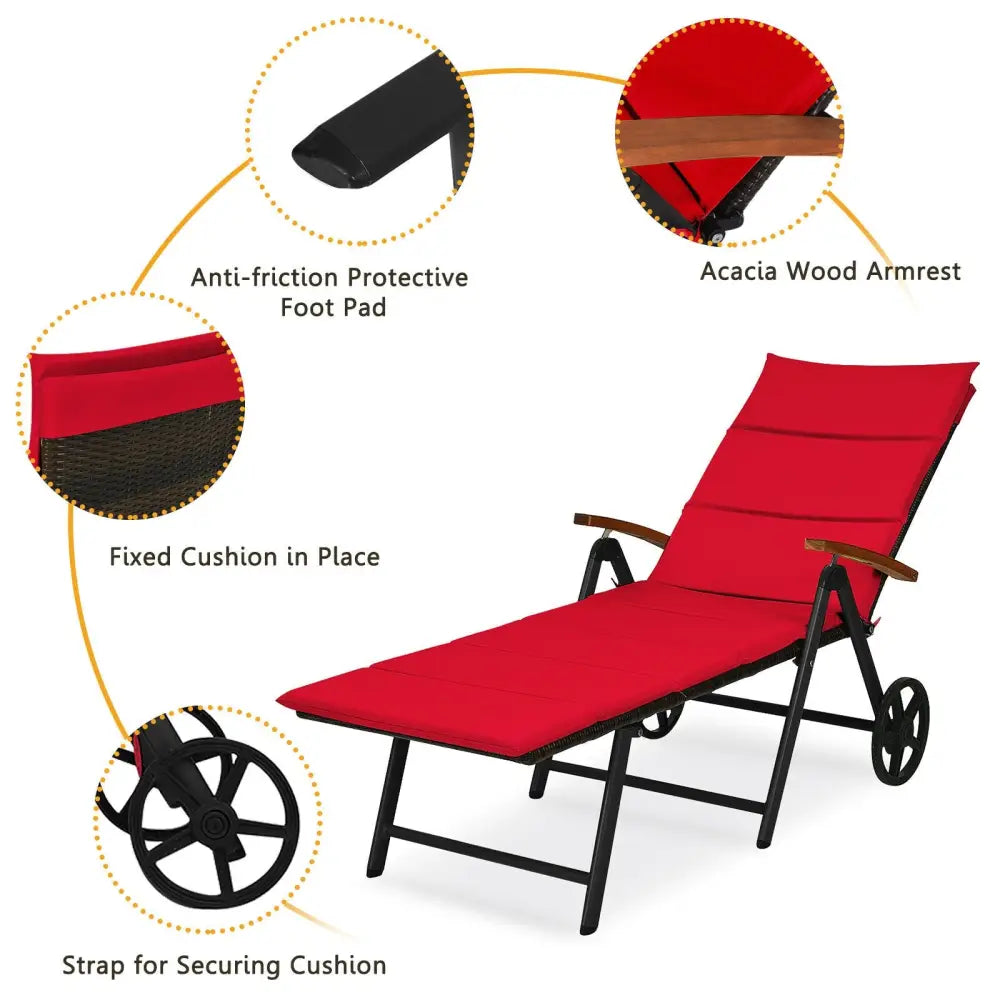 Folding Patio Rattan Lounge Chair with Wheels-Red - Red - Outdoor Chaise Lounges