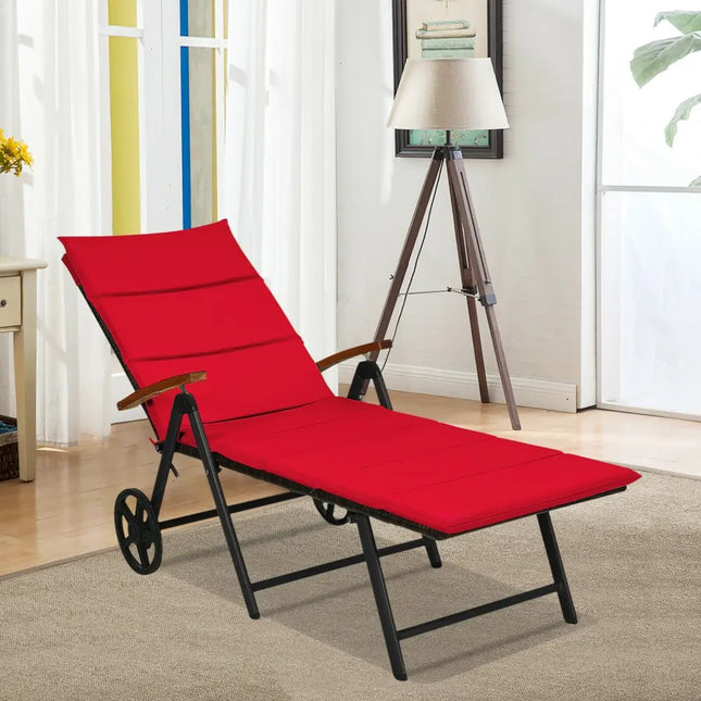 Folding Patio Rattan Lounge Chair with Wheels-Red - Red - Outdoor Chaise Lounges