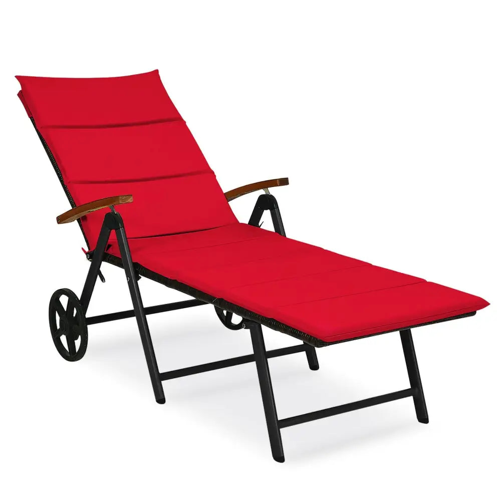 Folding Patio Rattan Lounge Chair with Wheels-Red - Red - Outdoor Chaise Lounges