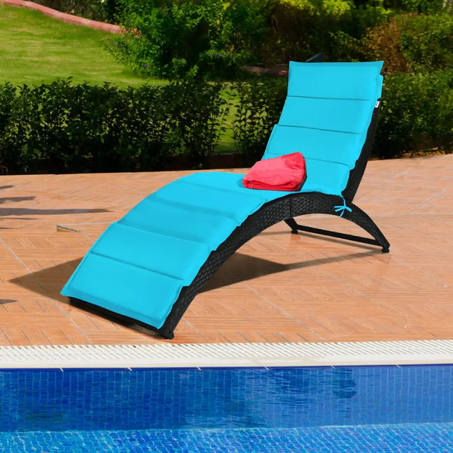 Folding Patio Rattan Portable Lounge Chair Chaise with Cushion-Turquoise - Turquoise - Outdoor Chaise Lounges