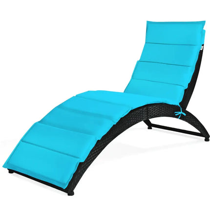Folding Patio Rattan Portable Lounge Chair Chaise with Cushion-Turquoise - Turquoise - Outdoor Chaise Lounges