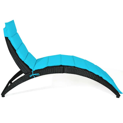 Folding Patio Rattan Portable Lounge Chair Chaise with Cushion-Turquoise - Turquoise - Outdoor Chaise Lounges