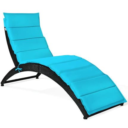 Folding Patio Rattan Portable Lounge Chair Chaise with Cushion-Turquoise - Turquoise - Outdoor Chaise Lounges