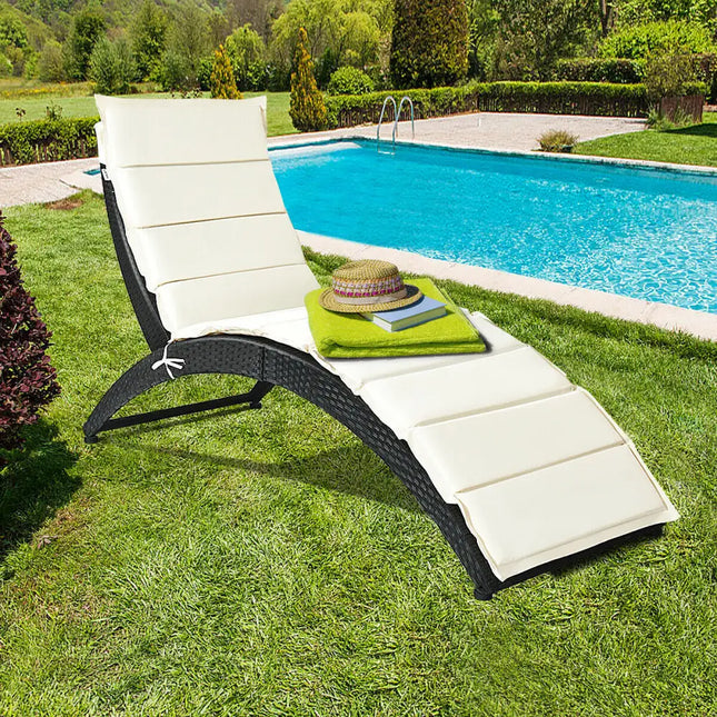 Folding Patio Rattan Portable Lounge Chair Chaise with Cushion-Beige - Beige - Outdoor Chaise Lounges