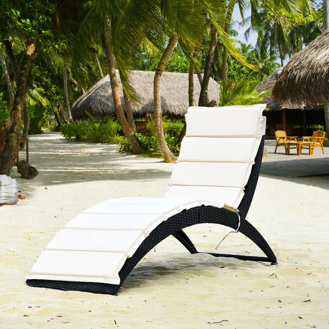 Folding Patio Rattan Portable Lounge Chair Chaise with Cushion-Beige - Beige - Outdoor Chaise Lounges