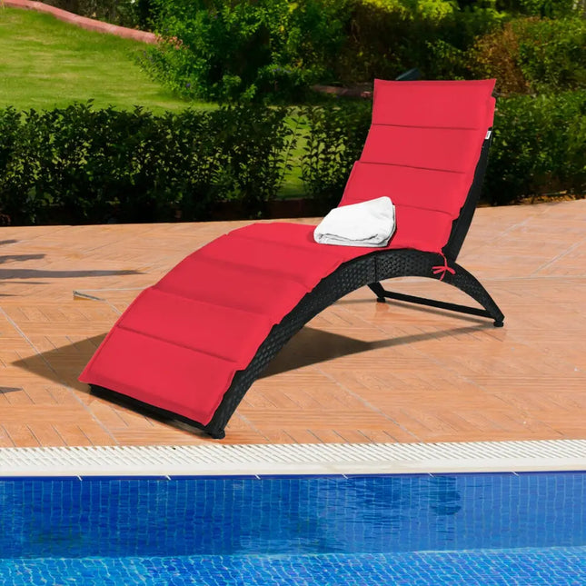 Folding Patio Rattan Portable Lounge Chair Chaise with Cushion-Red - Red - Outdoor Chaise Lounges