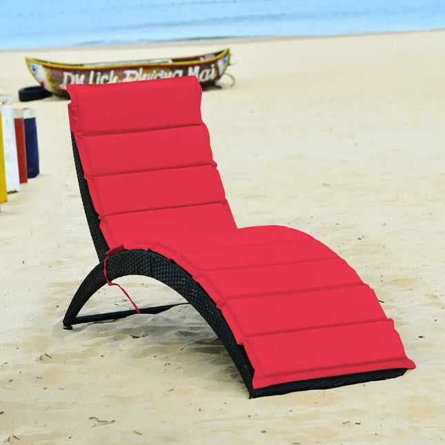 Folding Patio Rattan Portable Lounge Chair Chaise with Cushion-Red - Red - Outdoor Chaise Lounges