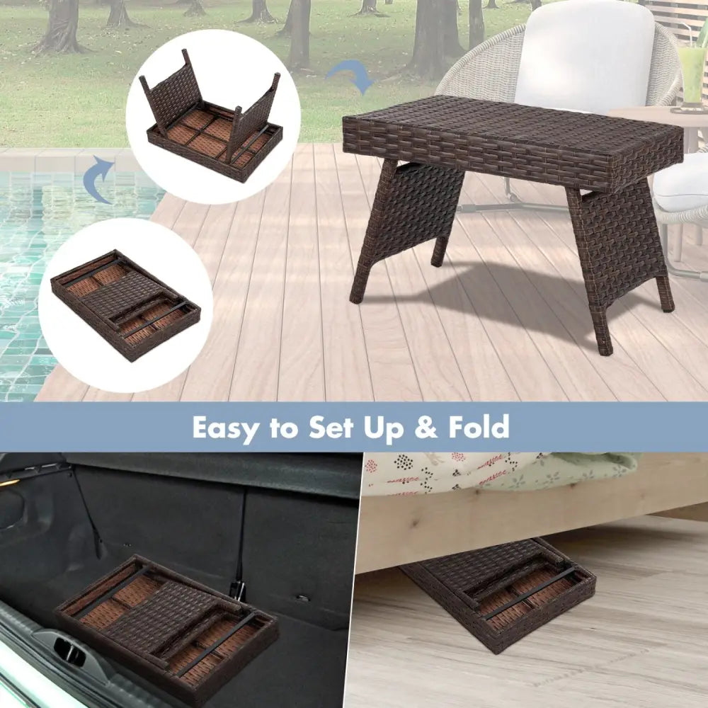 Folding PE Rattan Side Coffee Table Patio Garden Furniture-Brown - Brown - Patio Coffee Tables